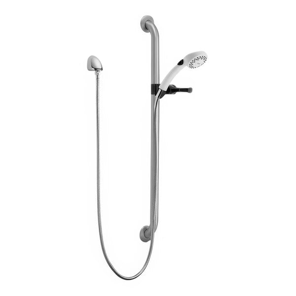 A white Delta shower head with a hand held shower head and hose.