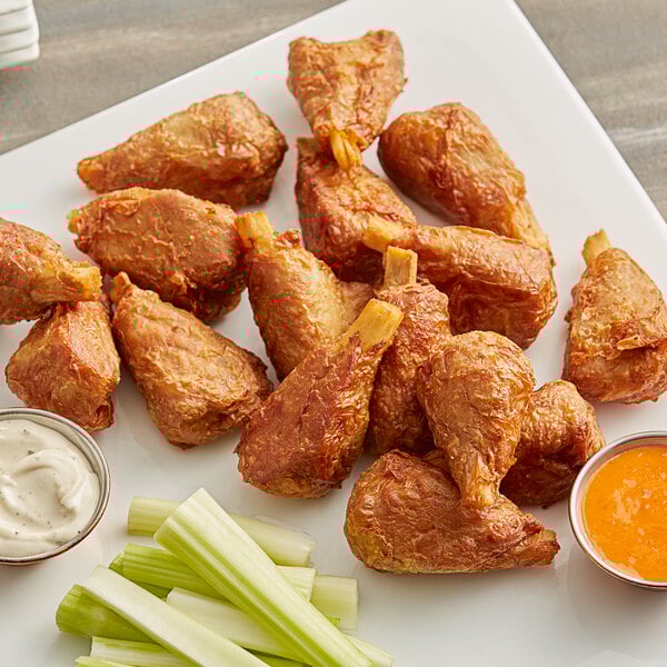 A plate of fried Beleaf plant-based vegan chicken wings with celery sticks.