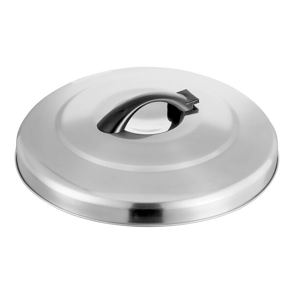 A silver stainless steel lid with a handle.