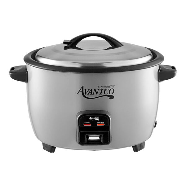 An Avantco silver and black electric rice cooker with a removable lid.