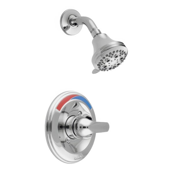 A close-up of a Delta shower head and faucet with blue and red accents.