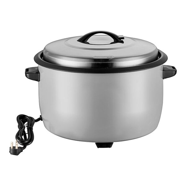 An Avantco stainless steel electric rice cooker with a black handle.
