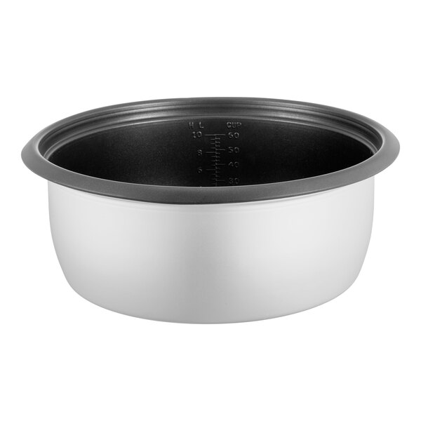 An Avantco white and black non-stick pot with a black lid.