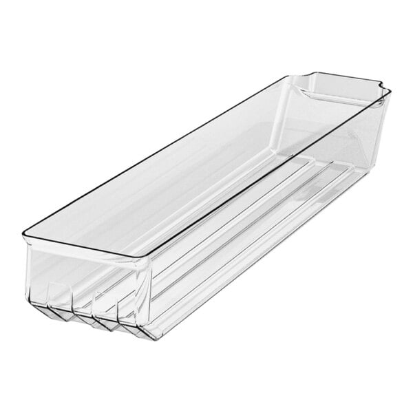 A Borray clear molded plastic bulk bin with handle.