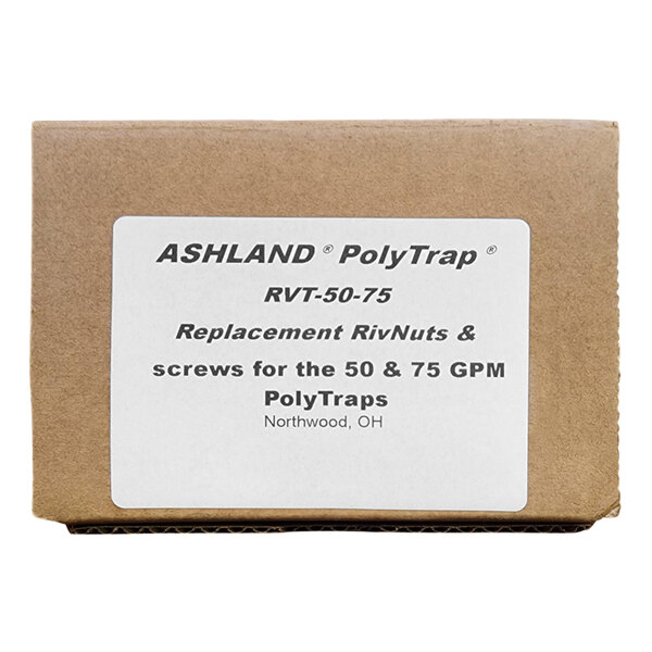 A brown box with a white label for an Ashland PolyTrap RivNut Repair Kit with screws.