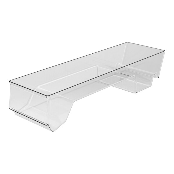 A Borray clear molded plastic shallow front dummy bulk bin on a clear plastic shelf.