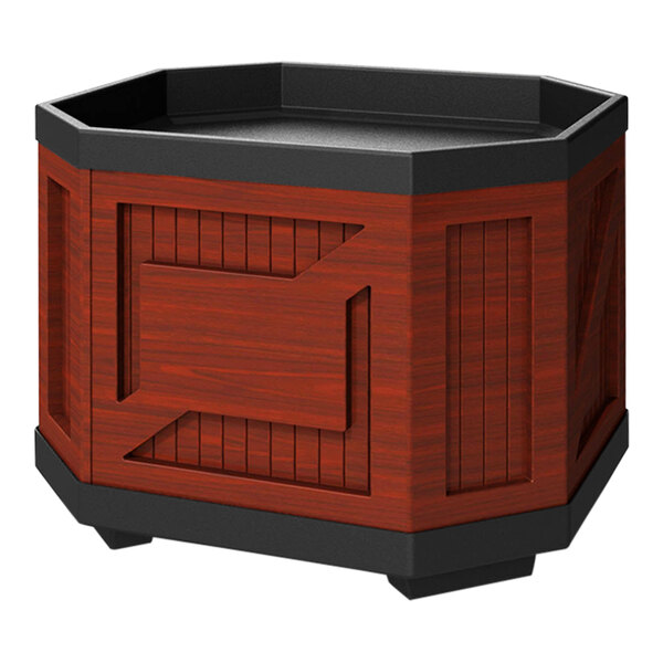 A cherry plastic orchard bin with black trim.