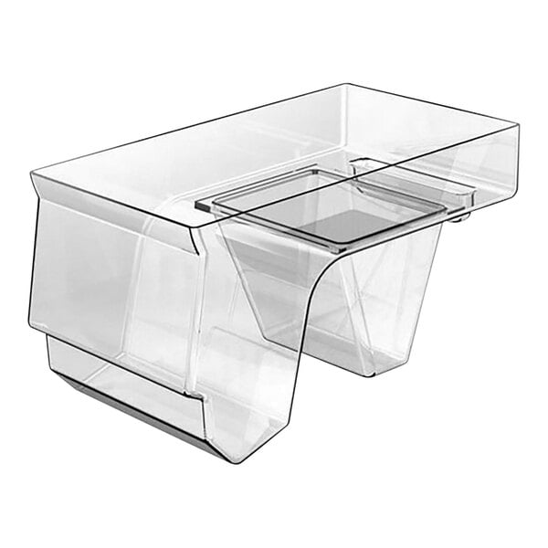 A clear plastic Borray molded plastic dummy bin on a clear shelf.