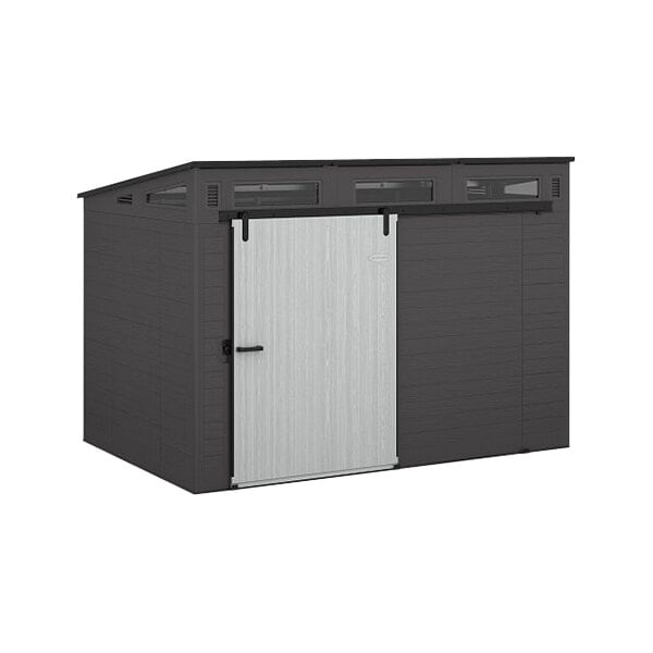 A grey Suncast storage shed with a black door and handle.