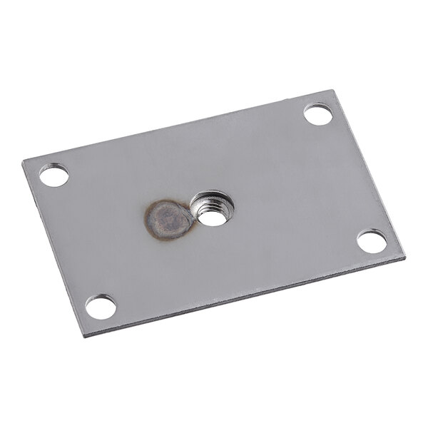 A stainless steel Hatco leg bracket plate with holes in it.