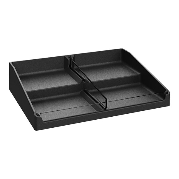 A black plastic Borray shelf organizer with two tiers and two compartments.