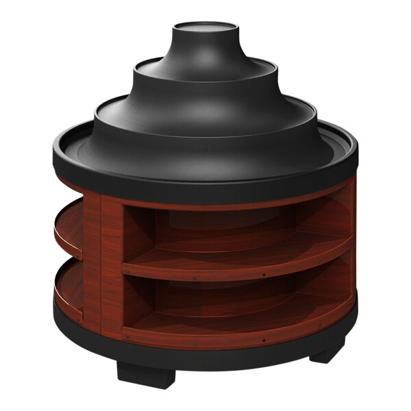 A heavy-duty round wooden display shelf with a black top.