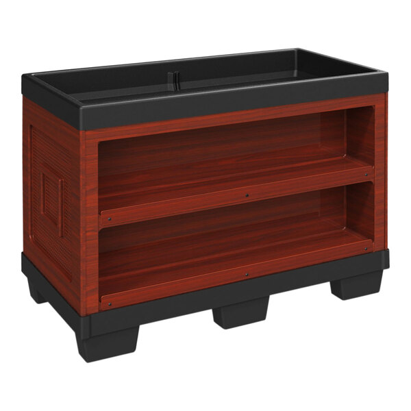 A cherry Borray plastic end cap with black shelves and trim.