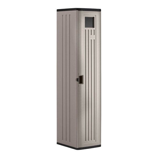 A Suncast tall plastic storage cabinet locker with the door open.