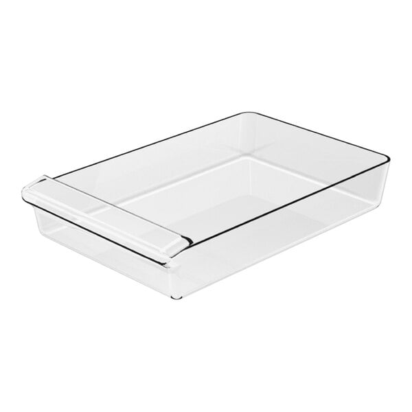 A clear rectangular plastic Borray bulk bin with a handle.