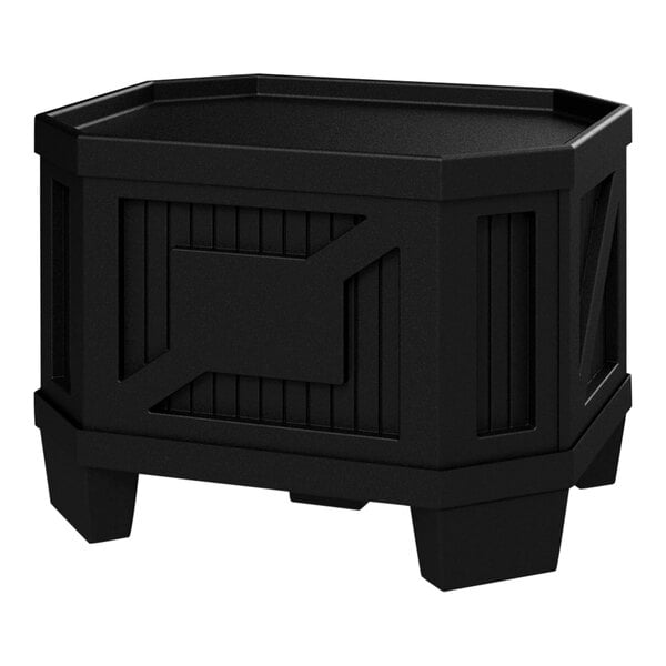 A black Borray plastic orchard bin on a table.