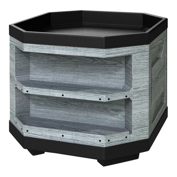 A gray Borray plastic orchard bin with black shelves.