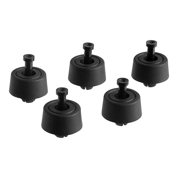 A group of four black rubber feet with screws.