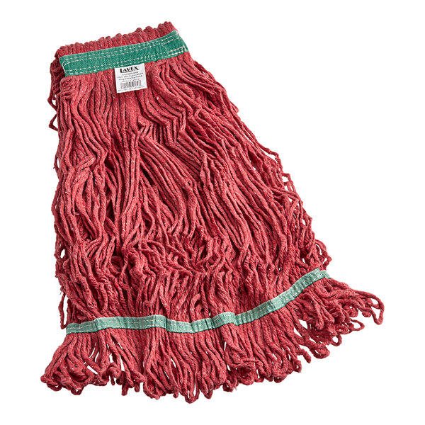 A red Lavex Pro rayon blend mop head with a green headband.