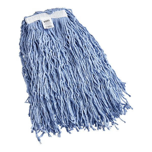 A Lavex blue rayon mop head with white tassels.
