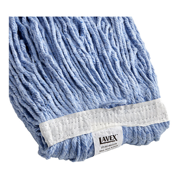 A close-up of a blue Lavex rayon mop head with a white headband.