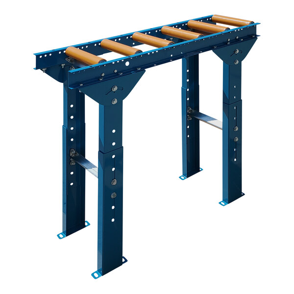 A blue metal Lavex roller conveyor with polyurethane-coated rollers.