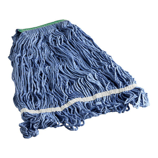 A blue Lavex cotton looped end mop head with a white stripe.