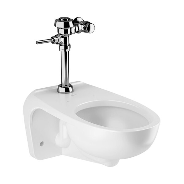 A white Sloan ADA height wall-mounted toilet with a silver flush handle and pipe.