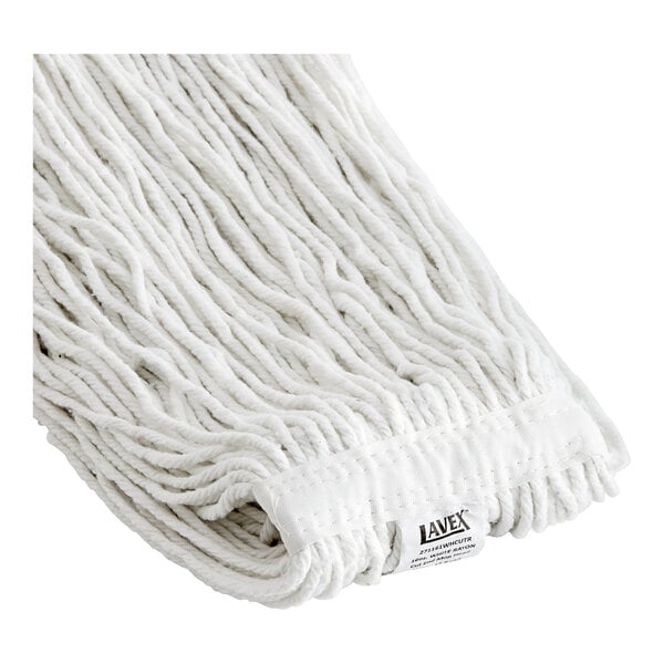 A close-up of a white Lavex rayon mop head.