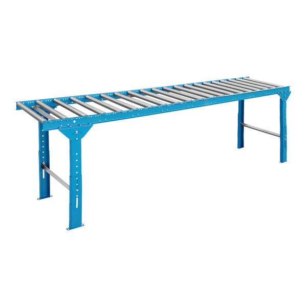 A blue steel roller conveyor with legs.