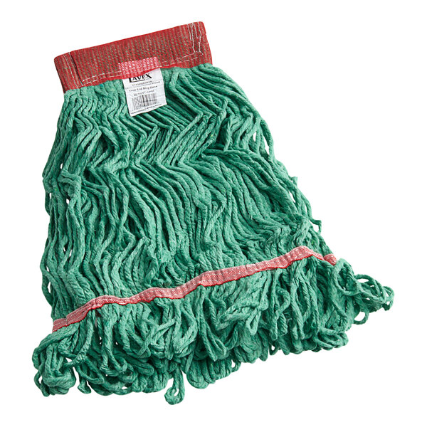A green mop with a red stripe.