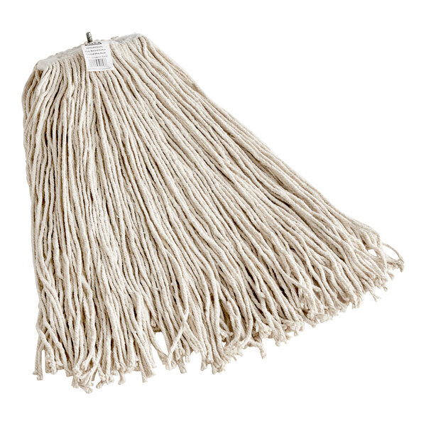 A Lavex Natural Cotton Cut-End Mop Head with a white handle on a white surface.