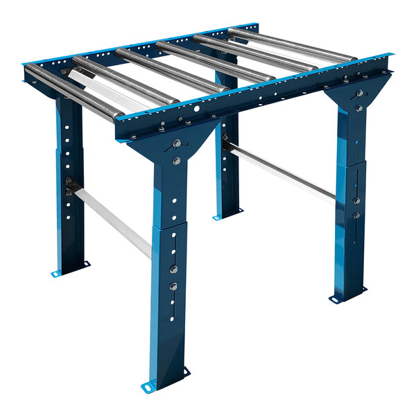 A blue and silver metal structure with Lavex galvanized steel rollers on legs.