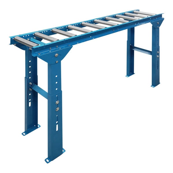 A blue metal Lavex roller conveyor with galvanized steel rollers.