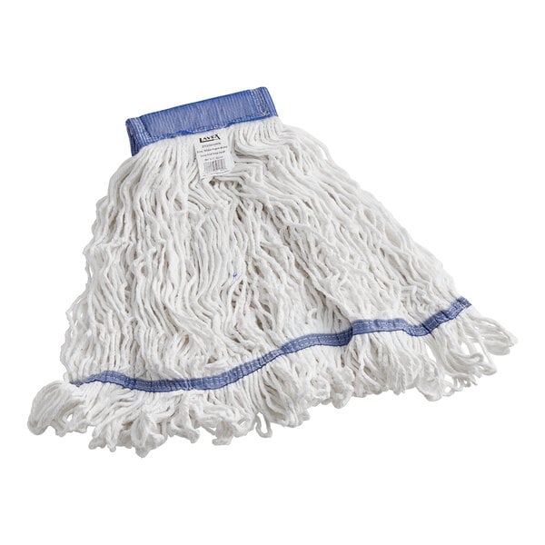 A white Lavex Pro Rayon Blend mop head with blue trim.