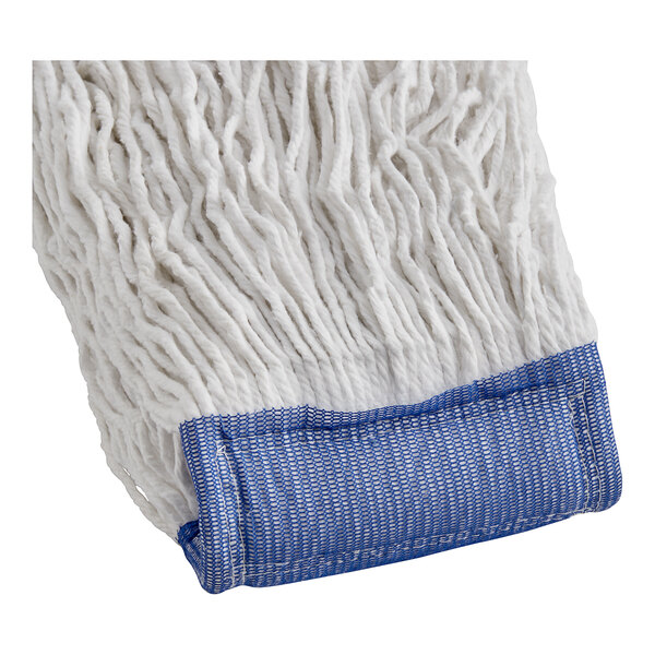 A close-up of a white Lavex Pro rayon blend mop head with a blue and white woven material.