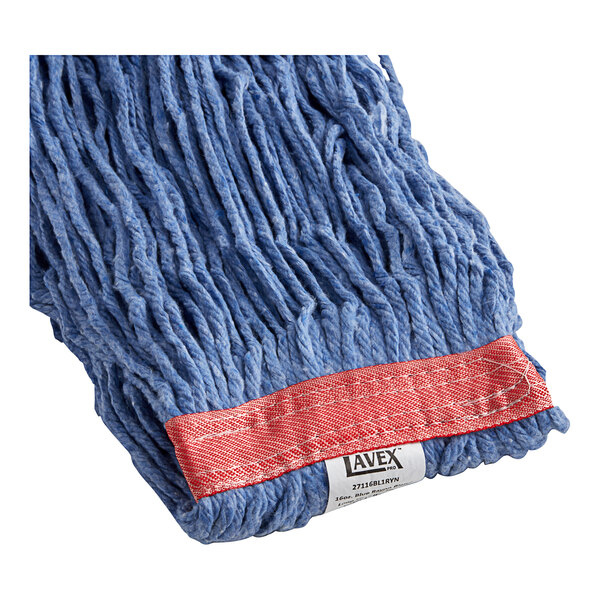 A close-up of a blue Lavex Pro rayon blend mop head with a red yarn headband.