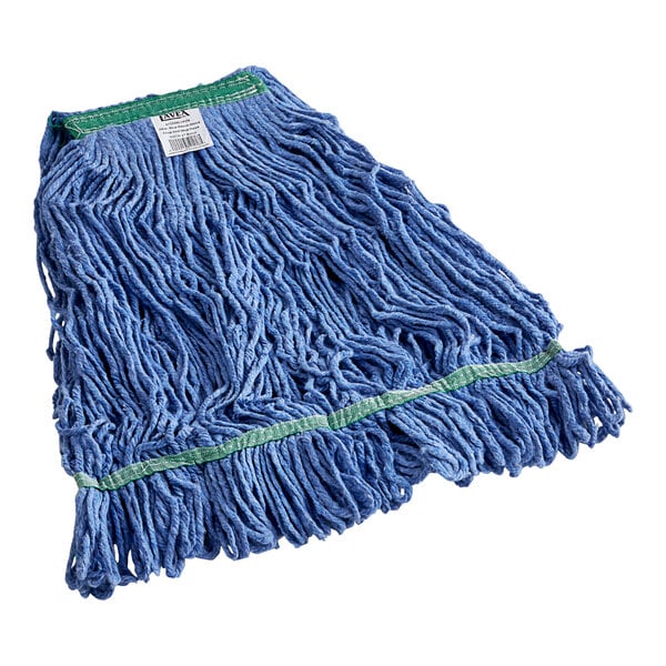 A blue Lavex Pro rayon blend mop head with a 1" headband.