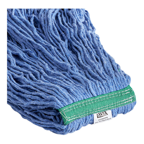 A close-up of a blue Lavex Pro rayon blend mop head with a green stripe.