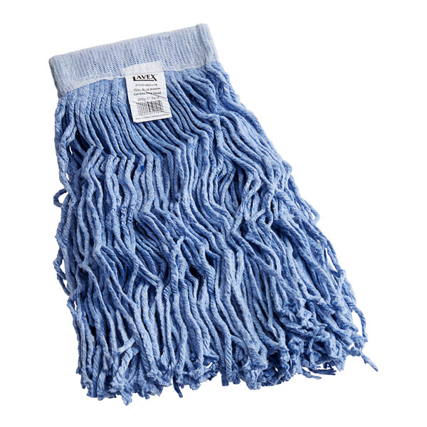 A blue Lavex mop head with a white label and white fringe.