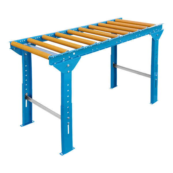 A blue and yellow roller conveyor with a blue steel frame and silver metal legs.