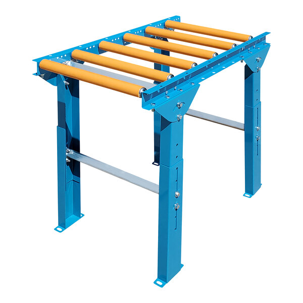 A Lavex roller conveyor with blue polyurethane-coated rollers.