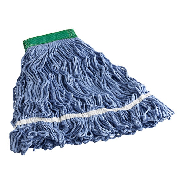 A blue Lavex cotton mop head with a green headband.