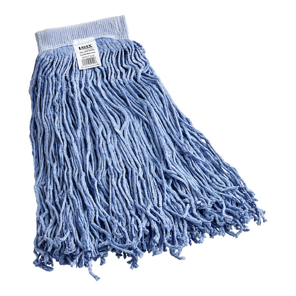 A blue Lavex rayon mop head with a white label.