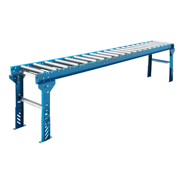 A blue roller conveyor with metal legs and rollers.