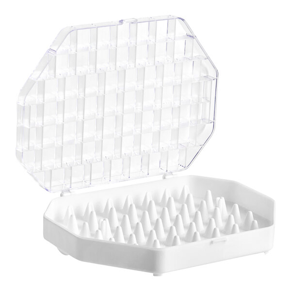 A white plastic container with an Ateco tray of many small pastry cones inside.
