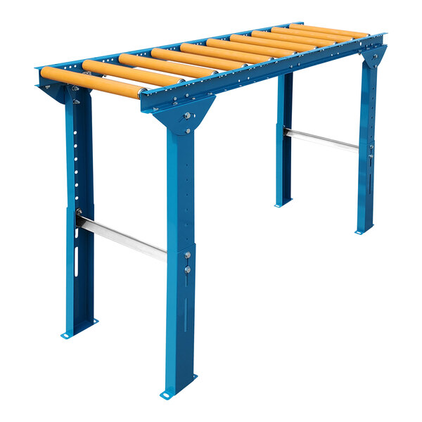 A blue metal Lavex roller conveyor with yellow rollers.