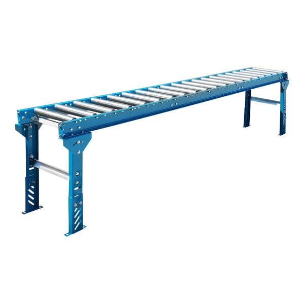 A blue metal roller conveyor with galvanized steel rollers and legs.