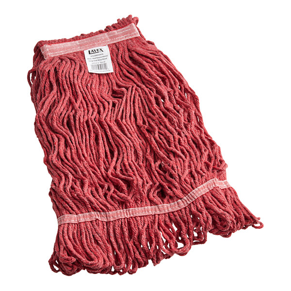 A red Lavex Pro rayon blend mop head with a white headband.