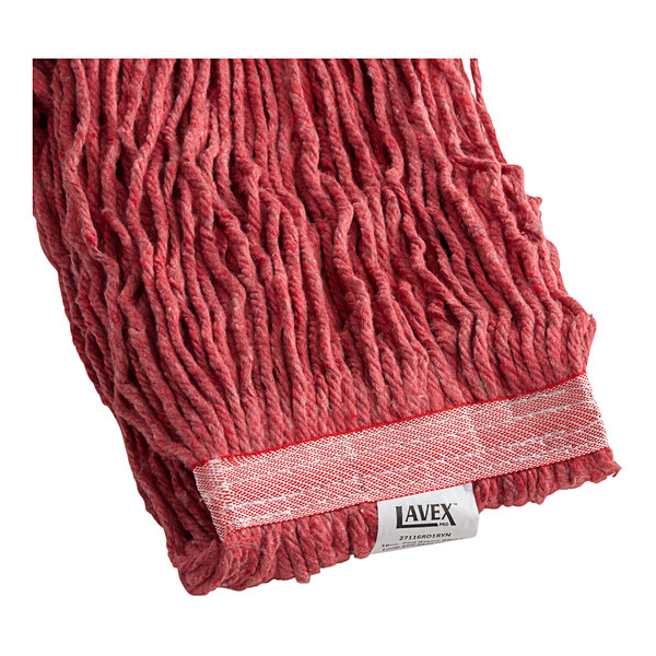 A red Lavex Pro mop head with a white label.
